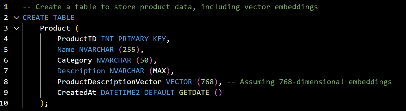Screenshot of the code in the post for creating a table. -- Create a table to store product data, including vector embeddings CREATE TABLE Product ( ProductID INT PRIMARY KEY, Name NVARCHAR (255), Category NVARCHAR (50), Description NVARCHAR (MAX), ProductDescriptionVector VECTOR (768), -- Assuming 768-dimensional embeddings CreatedAt DATETIME2 DEFAULT GETDATE () );
